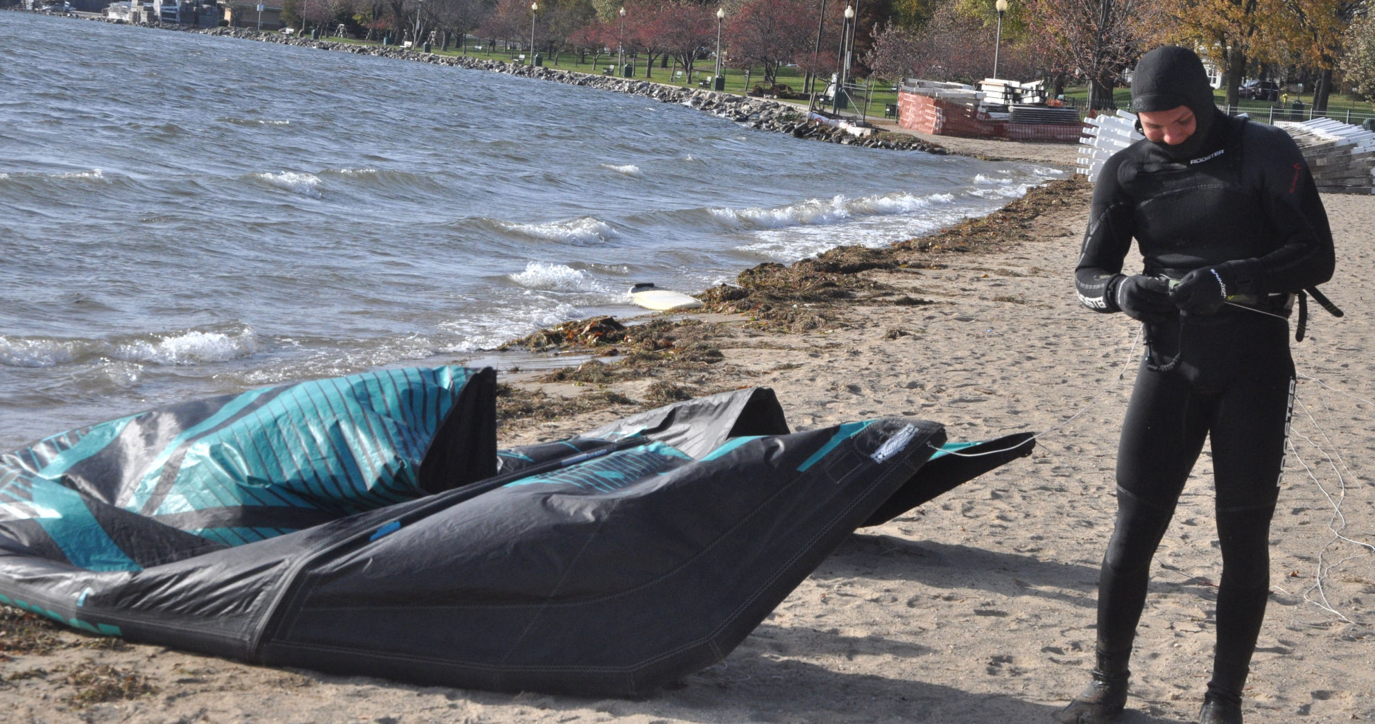 Harry Melges ends of a day of kite boarding on Geneva Lake